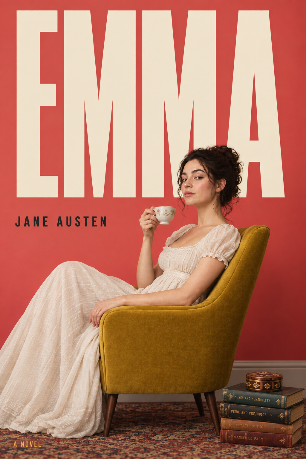 Cover of Emma: a self-possessed young woman in a Regency dress seated in a mustard armchair with a teacup, against a red background